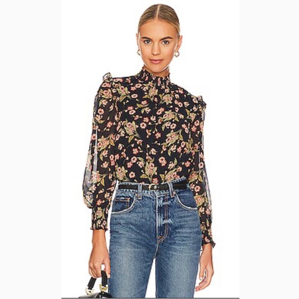 1. State Ruffle Smock Neck Blouse Size Medium Sheer Sleeves Revolve
